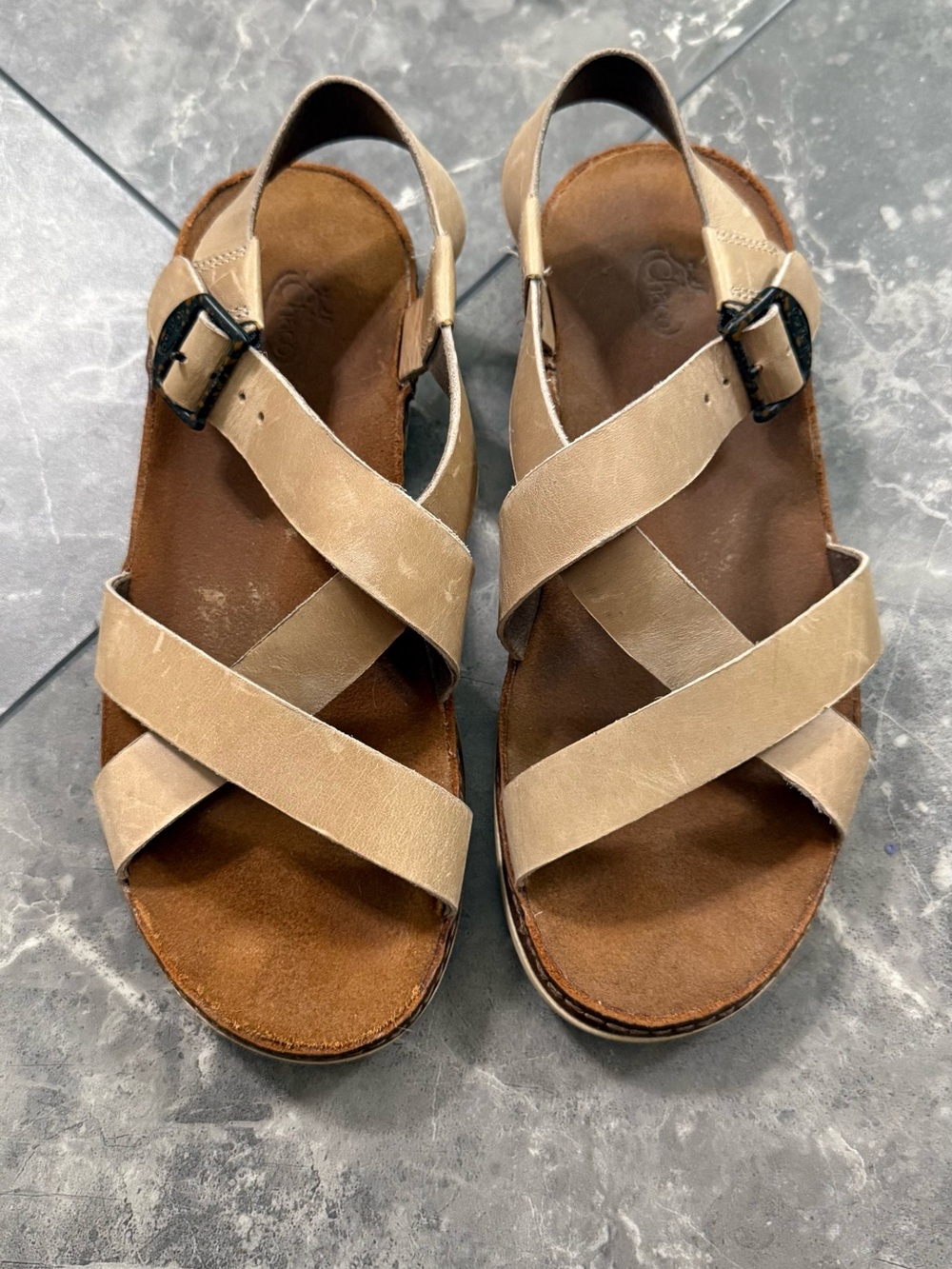 Women's Tan Chaco Leather Cross-Strap Sandals